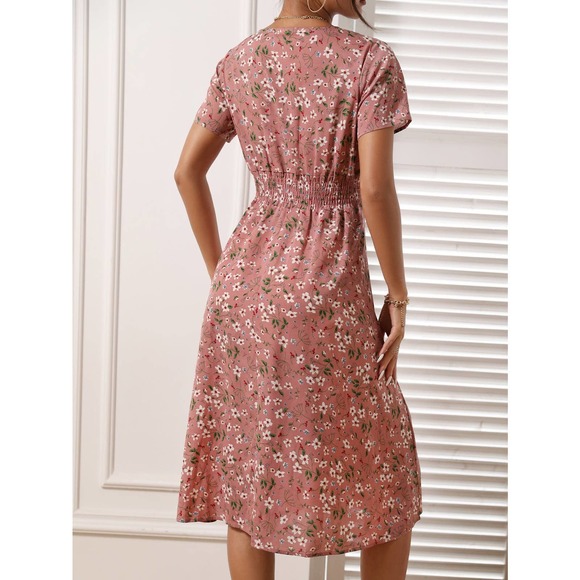 boho yellow Floral Shirred Wrap midi Dress - Picture 3 of 10